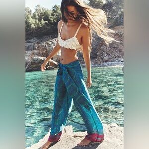 Zara NWT Printed Satin Effect Wrap Pants Medium Teal Blue Wide Leg